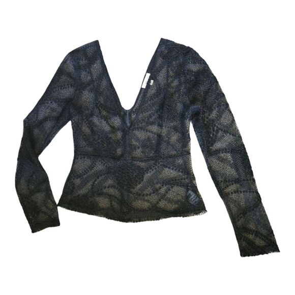 Silence + Noise Black Mesh Plunging Neckline Top - M - Picture 2 of 9